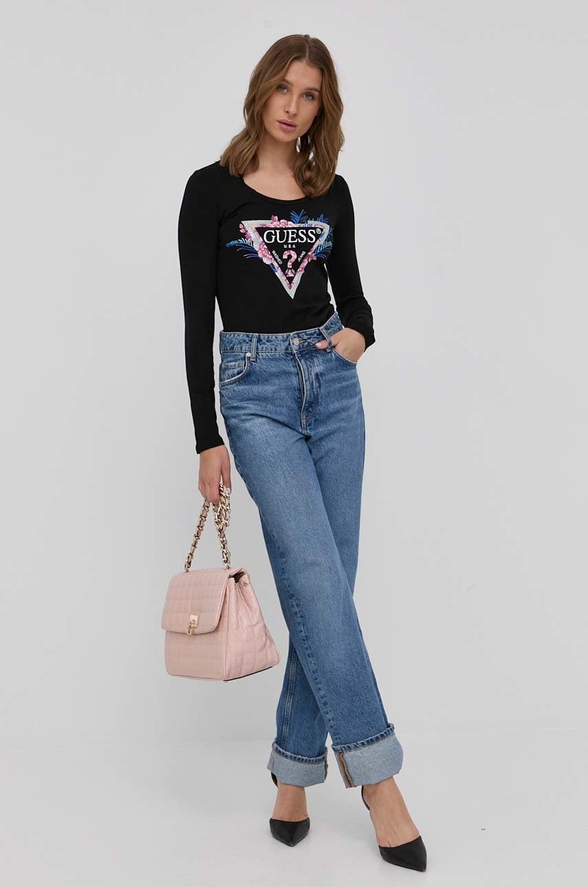 

Блуза с дълги ръкави Guess дамски в черно, Черен