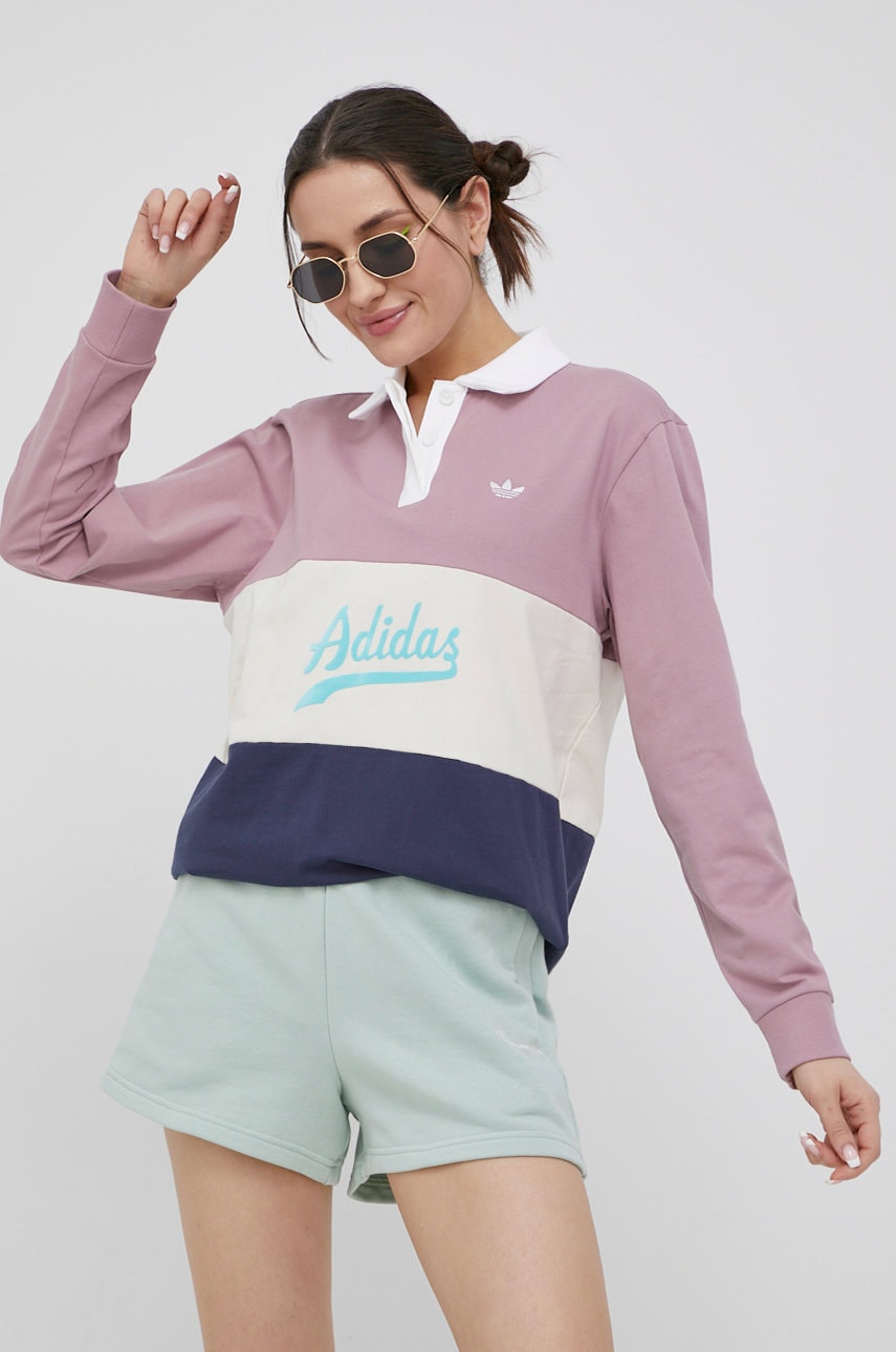 Adidas originals longsleeve din bumbac culoarea roz, cu guler