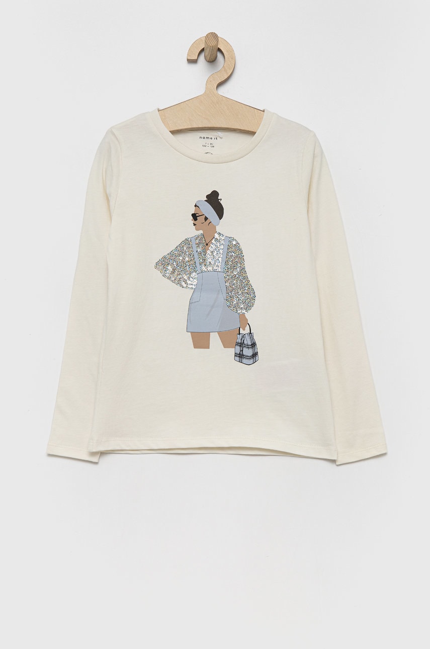Name It longsleeve din bumbac pentru copii culoarea bej