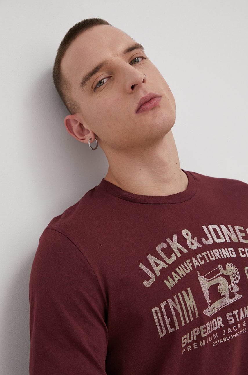 Premium by jack&jones longsleeve din bumbac culoarea bordo, cu imprimeu