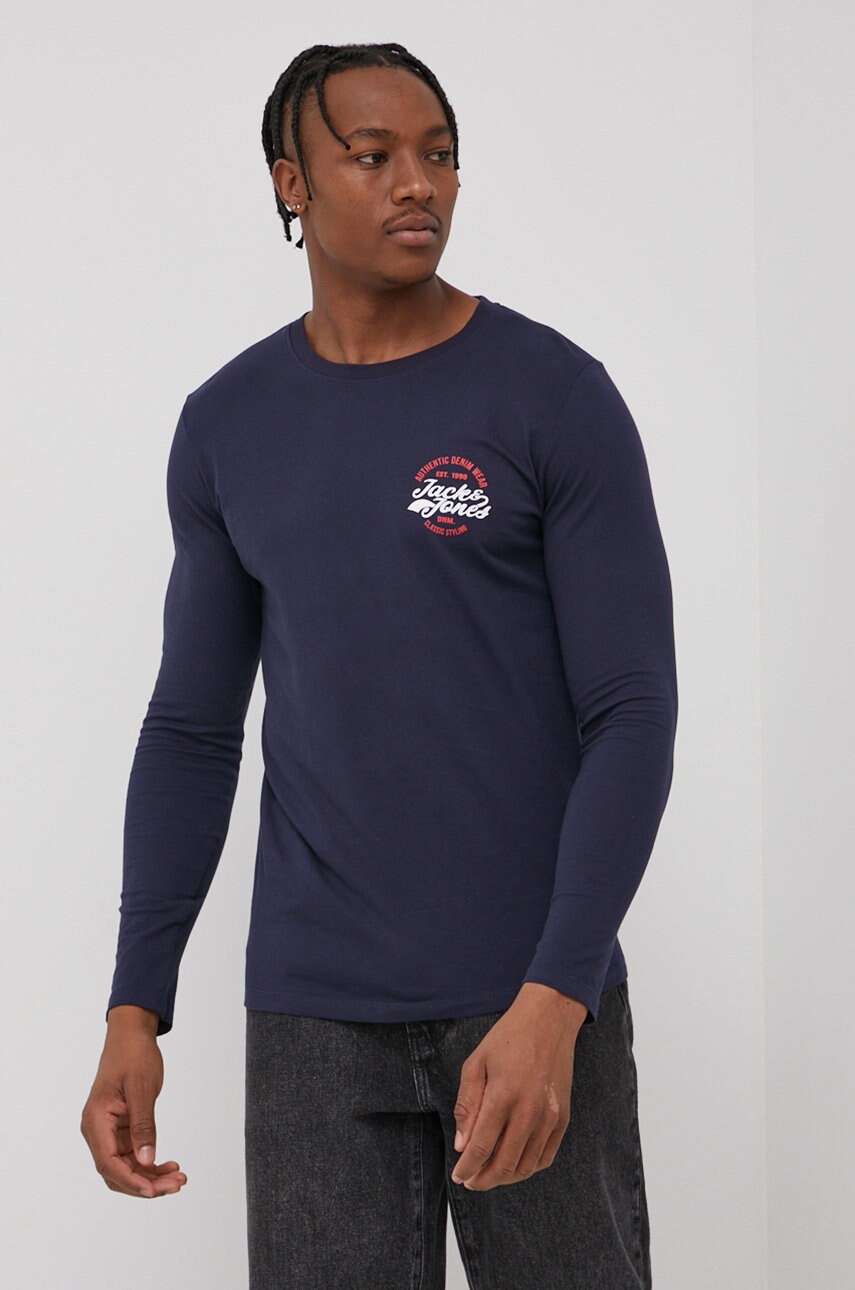 Jack & jones longsleeve din bumbac culoarea albastru marin, cu imprimeu