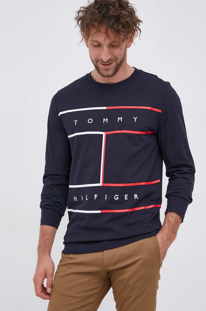 

Памучна блуза с дълги ръкави Tommy Hilfiger в тъмносиньо с принт, Тъмносин