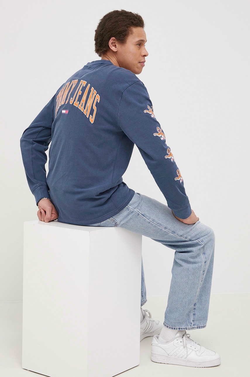 

Памучна блуза с дълги ръкави Tommy Jeans с принт, Син