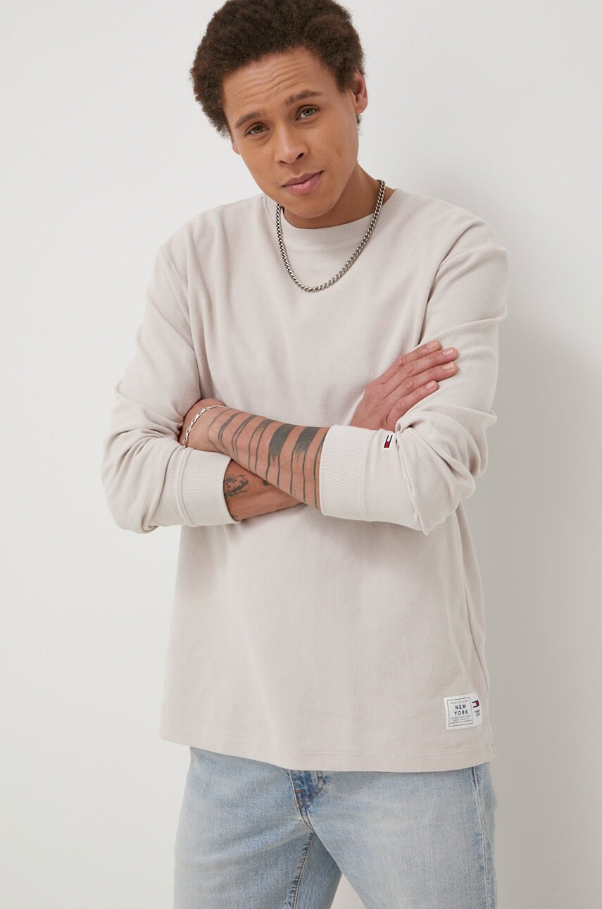 Tommy jeans longsleeve din bumbac culoarea bej, neted