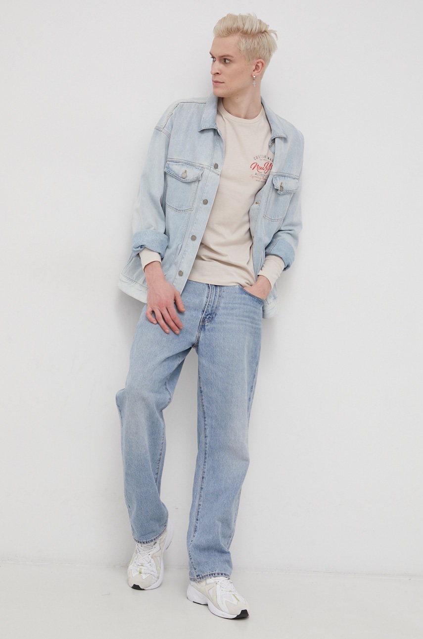 

Бавовняний лонгслів Produkt by Jack & Jones колір бежевий з принтом