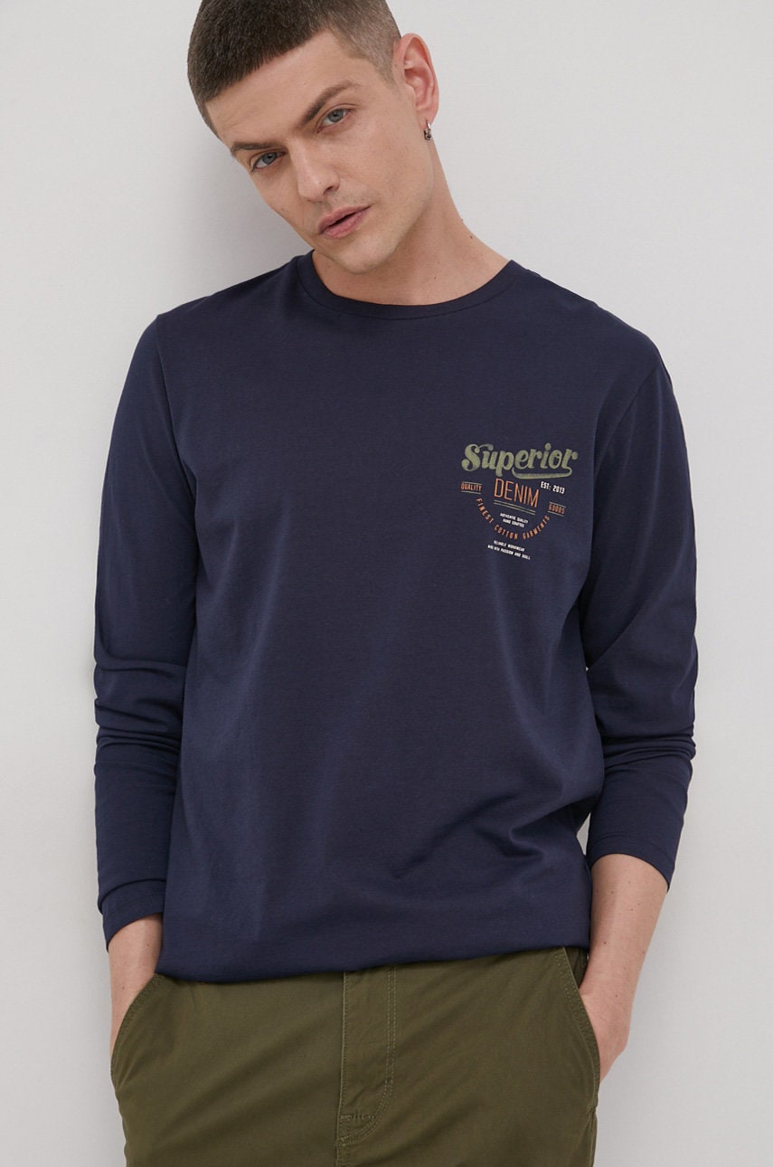 Produkt by jack & jones longsleeve din bumbac culoarea albastru marin, neted