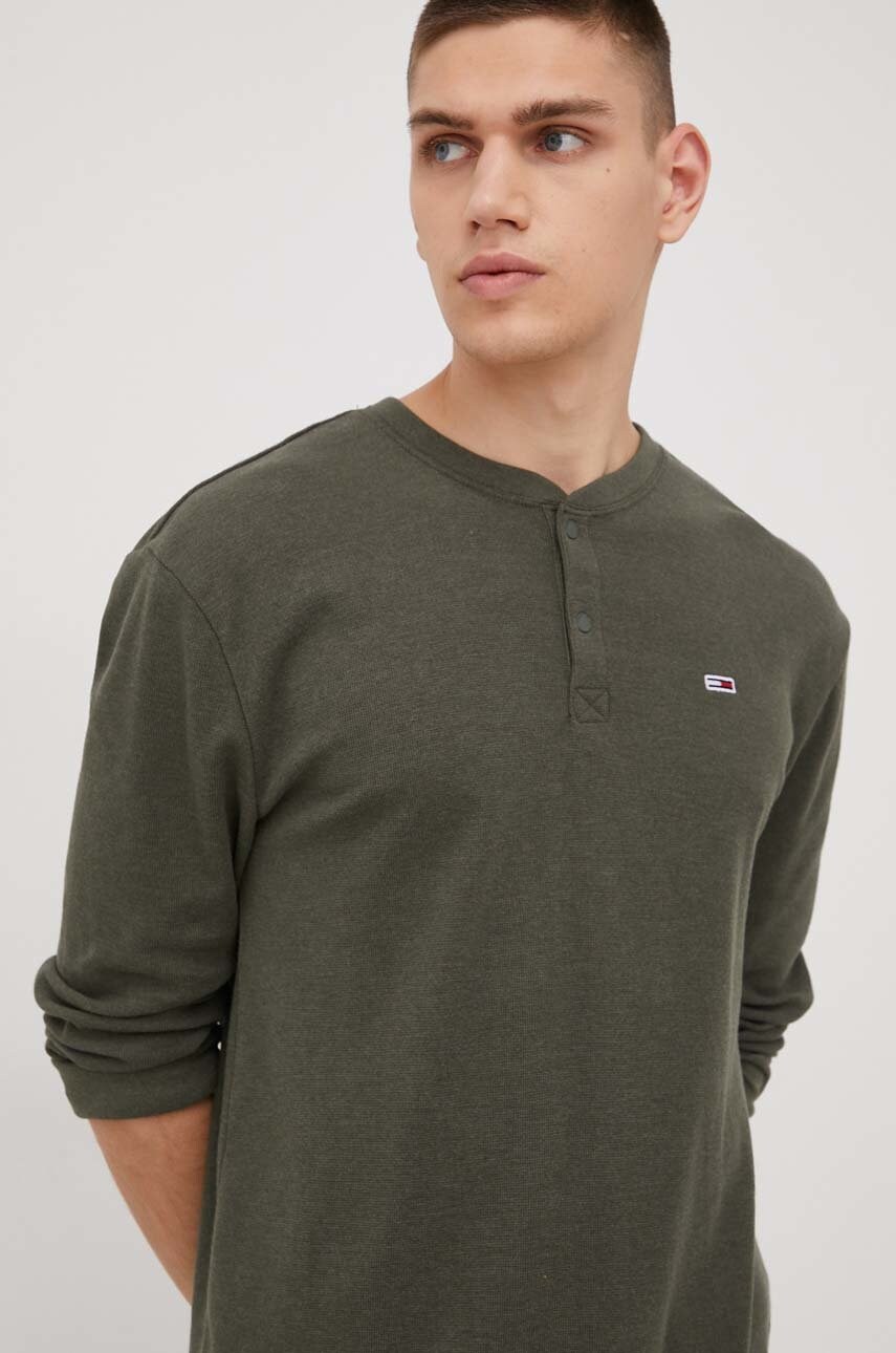Tommy jeans longsleeve henley barbati, culoarea verde, neted