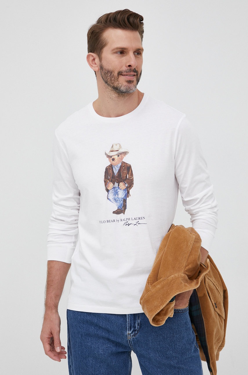

Памучна блуза с дълги ръкави Polo Ralph Lauren в бяло с принт, Бял