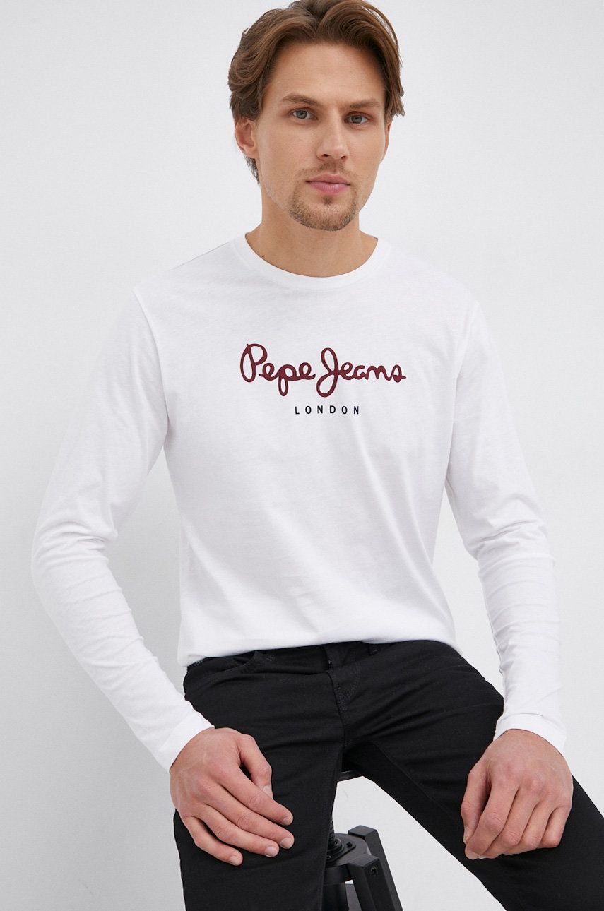 Pepe Jeans Longsleeve din bumbac Eggo Long culoarea alb, cu imprimeu