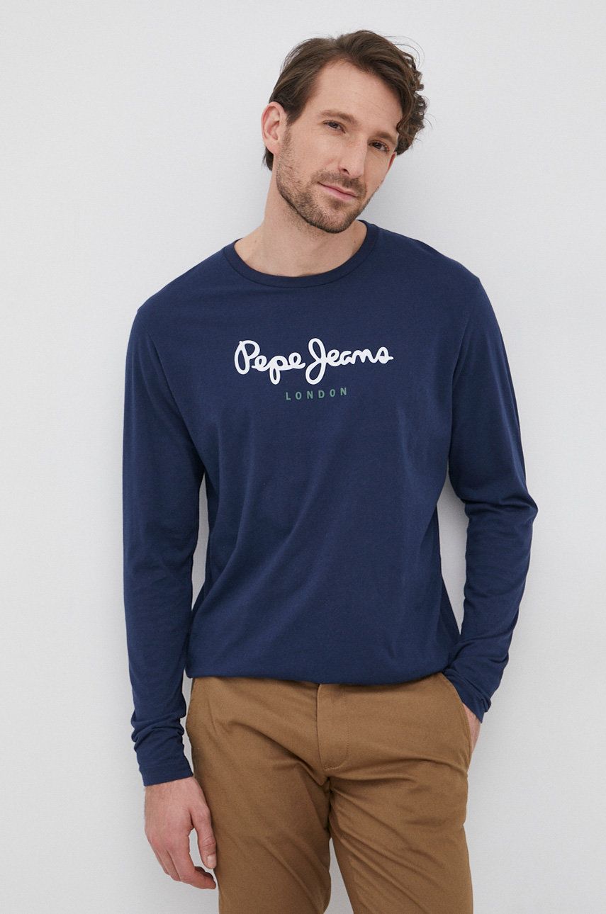 Bavlněné tričko s dlouhým rukávem Pepe Jeans tmavomodrá barva, s potiskem - námořnická modř -  