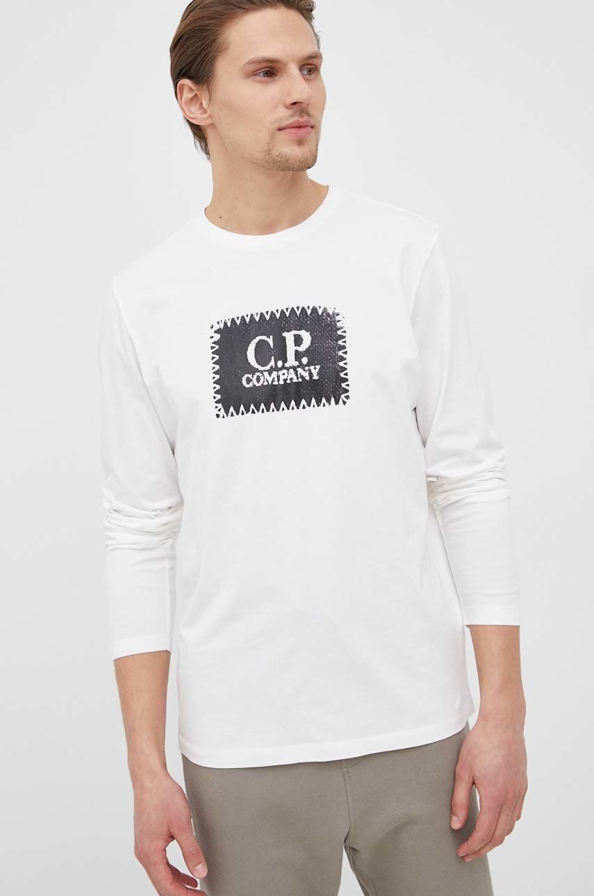 C.P. Company longsleeve din bumbac culoarea alb, cu imprimeu answear.ro