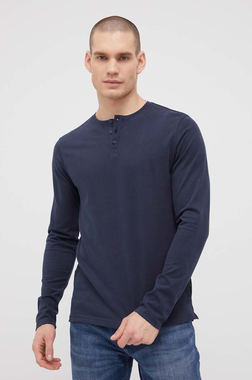 Solid longsleeve din bumbac culoarea albastru marin, neted