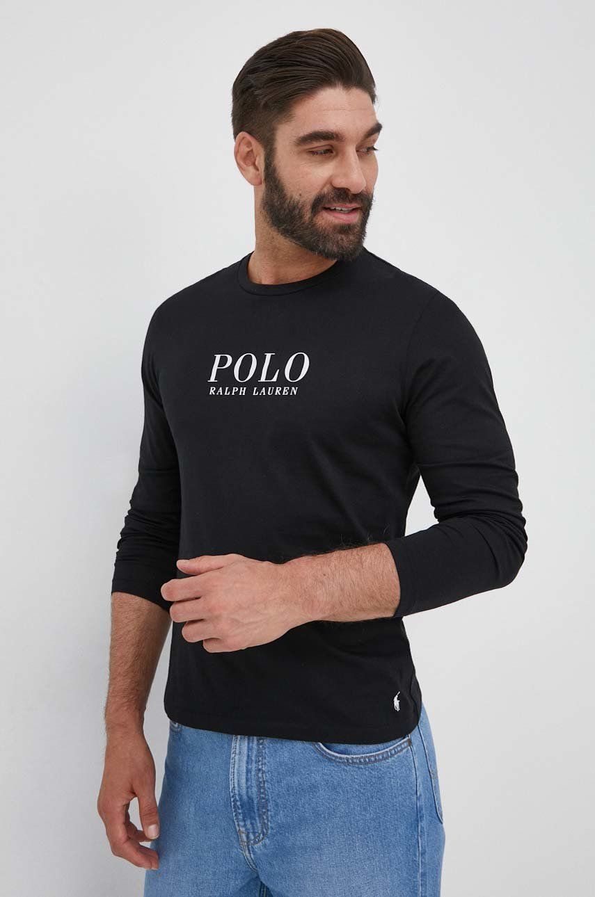 Bavlnené tričko s dlhým rukávom Polo Ralph Lauren čierna farba, s potlačou