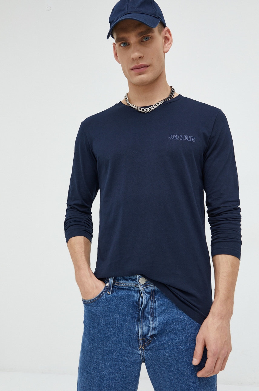 Jack & jones longsleeve din bumbac barbati, culoarea albastru marin, neted