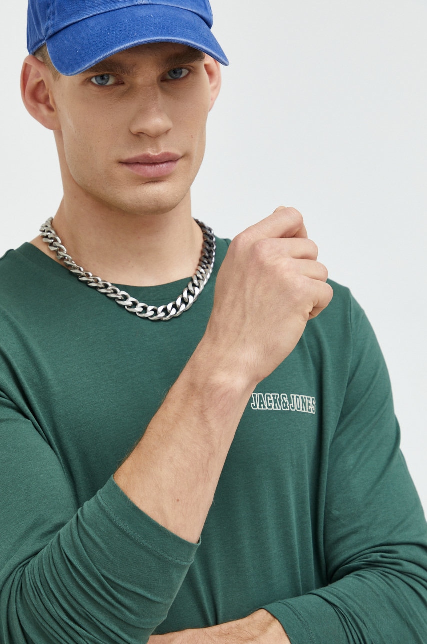 Jack & jones longsleeve din bumbac barbati, culoarea verde, neted