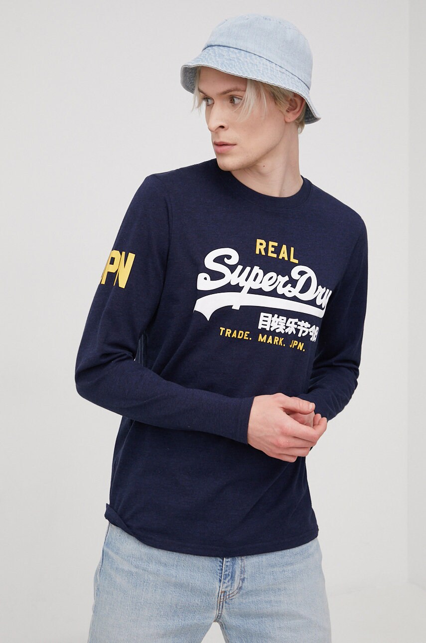 Superdry longsleeve barbati, culoarea albastru marin, cu imprimeu
