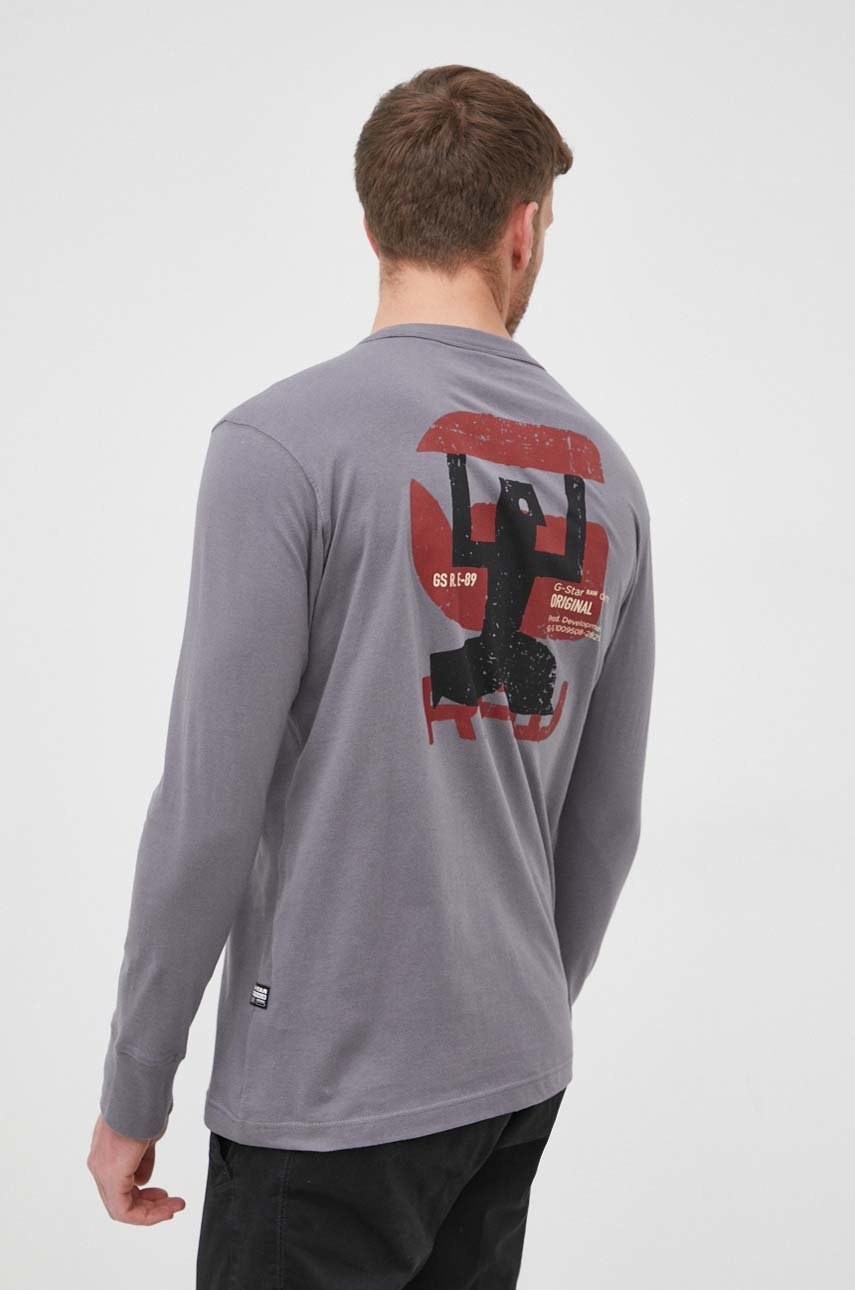 

Бавовняний лонгслів G-Star Raw колір сірий з принтом