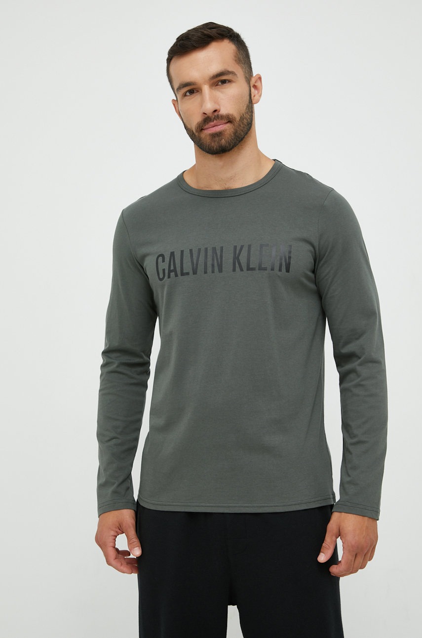 

Памучно горнище на пижама с дълги ръкави Calvin Klein Underwear в сиво меланж на, Зелен