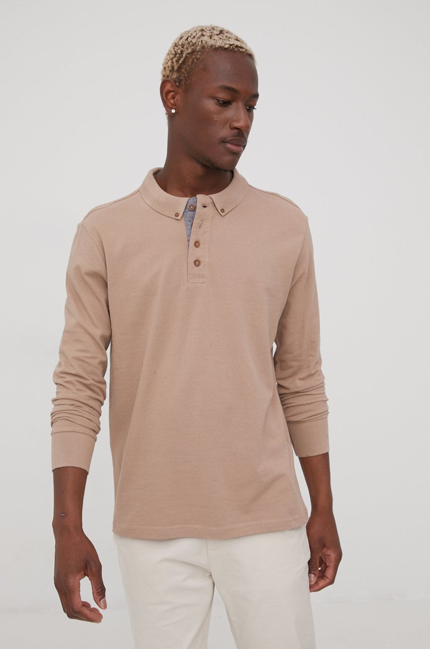 Brave soul longsleeve din bumbac culoarea bej, neted