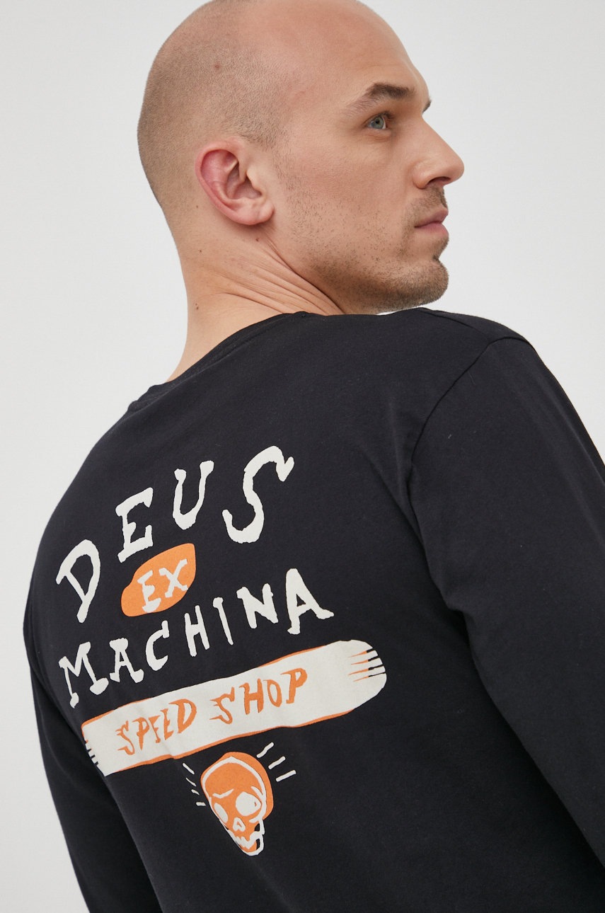 

Памучна блуза с дълги ръкави Deus Ex Machina в черно с принт, Черен