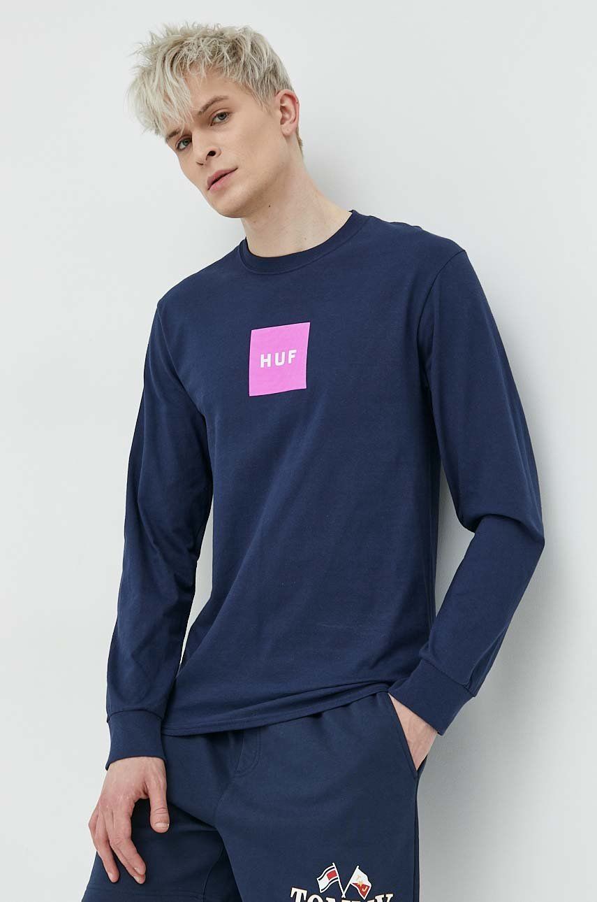 E-shop Bavlněné tričko s dlouhým rukávem HUF tmavomodrá barva, s potiskem