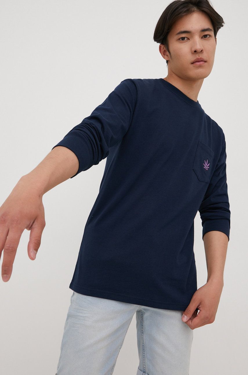 Levně Bavlněné tričko s dlouhým rukávem HUF tmavomodrá barva, s aplikací