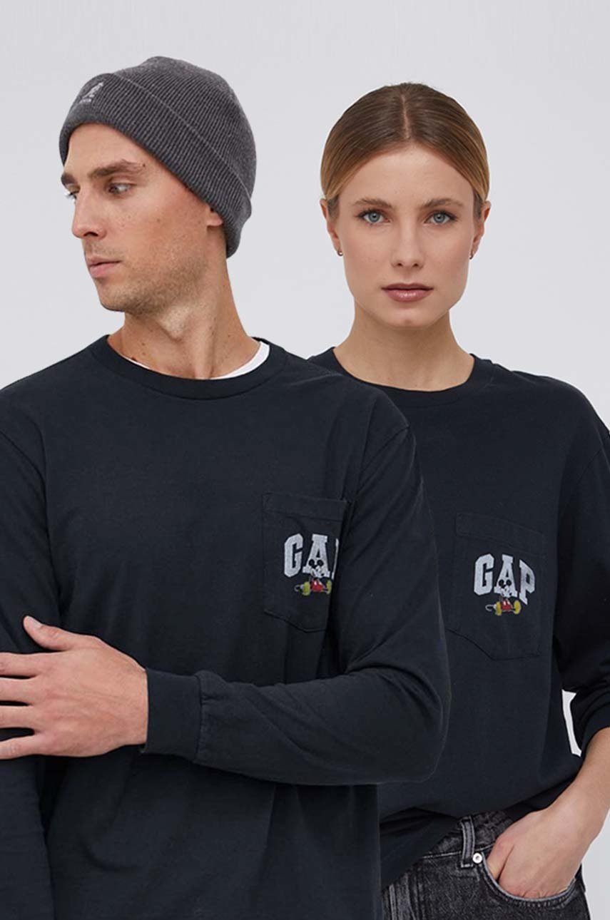 

Памучна блуза с дълги ръкави GAP x Disney в черно с принт, Черен