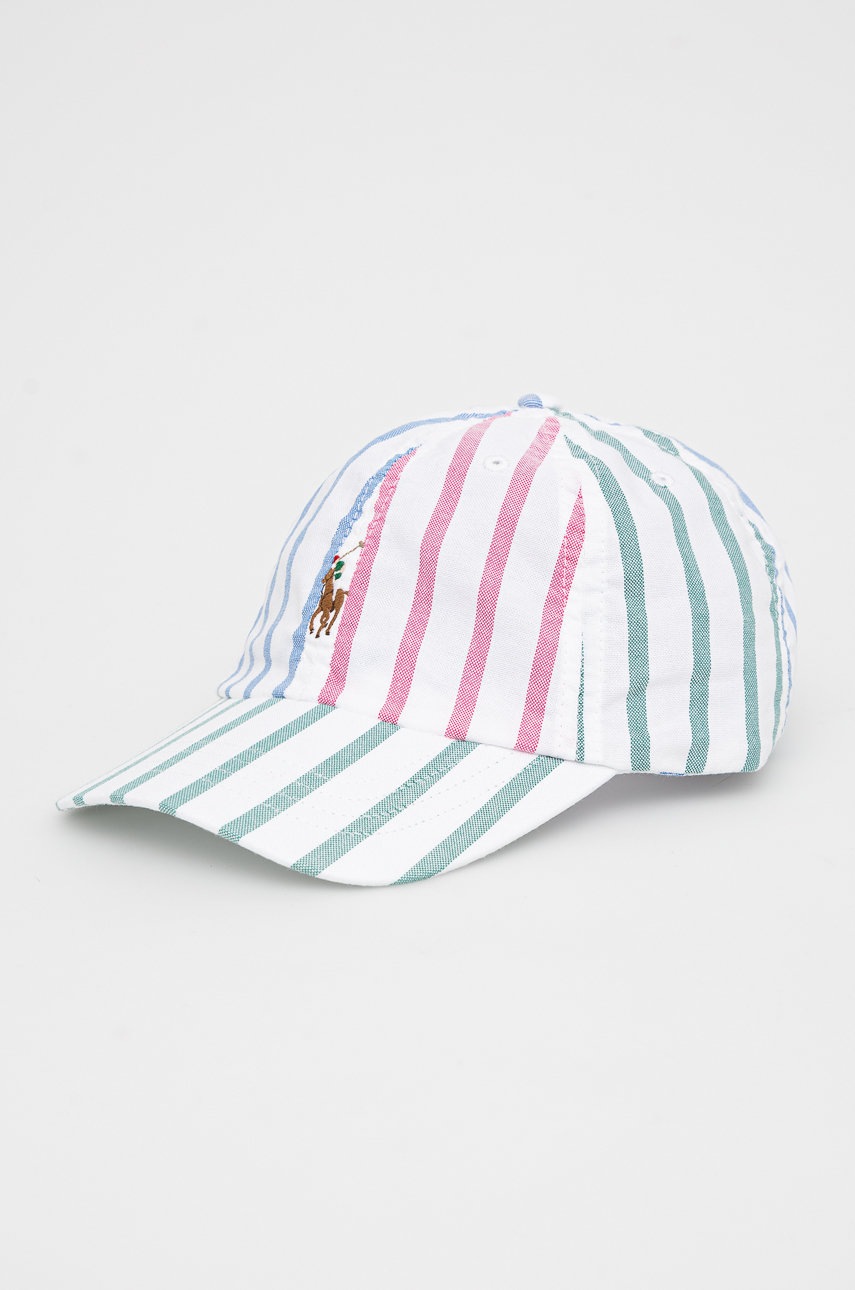 

Детска памучна шапка Polo Ralph Lauren в бяло с десен, Бял