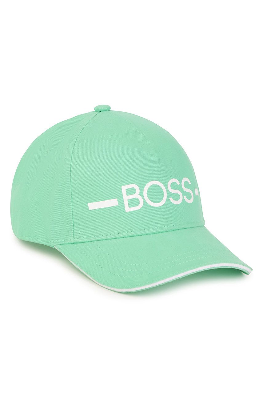 Dětská bavlněná čepice Boss zelená barva, s aplikací - zelená -  100% Bavlna