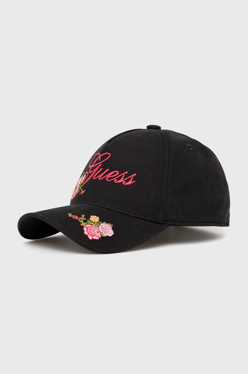 

Детска памучна шапка Guess в черно с апликация, Черен