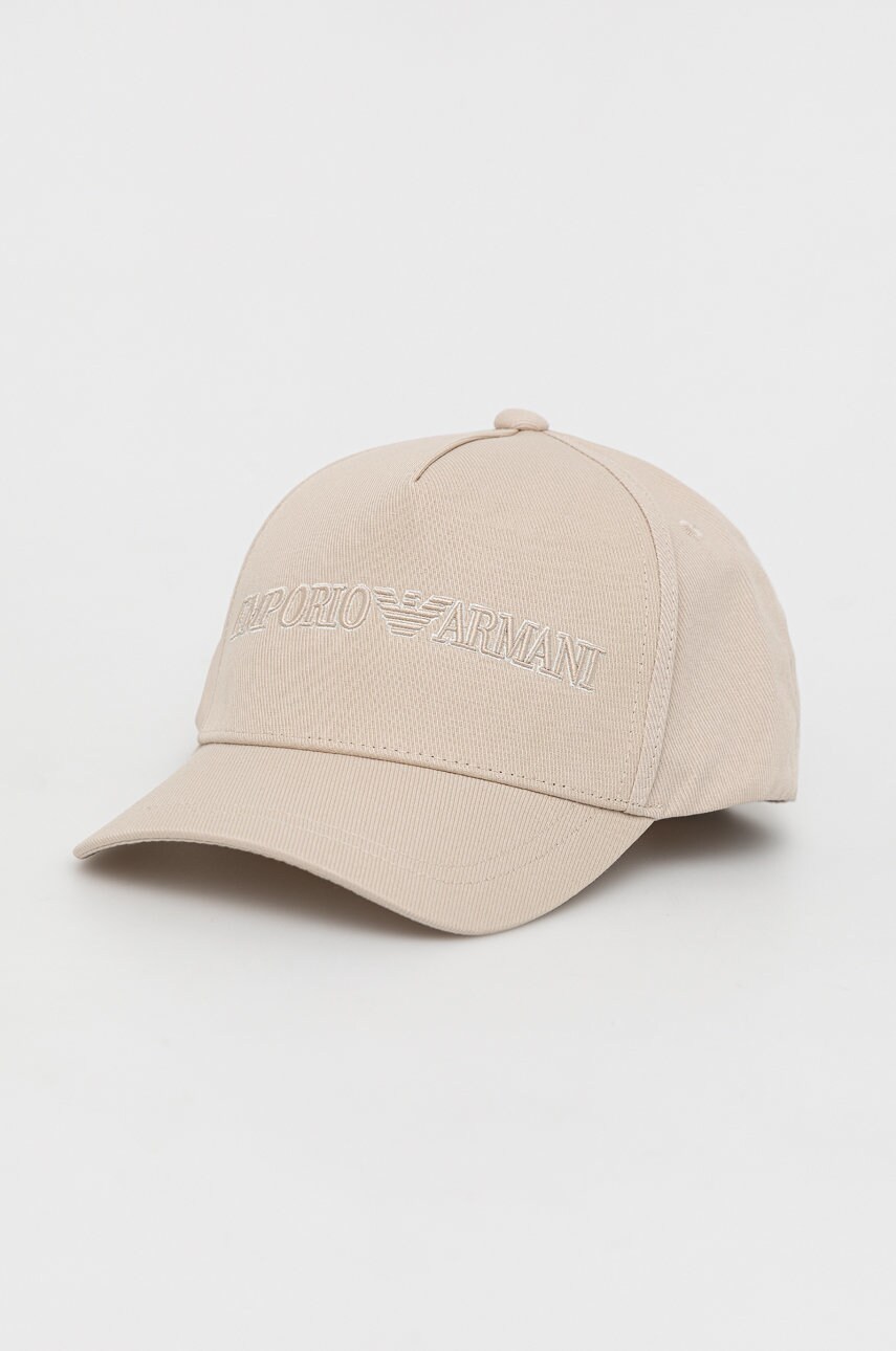 Emporio Armani caciula din bumbac culoarea bej, cu imprimeu answear.ro