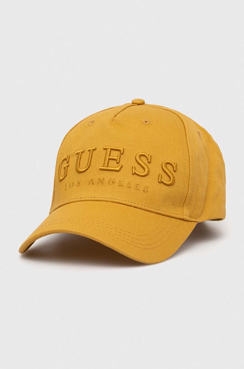 

Бавовняна бейсболка Guess колір жовтий з аплікацією