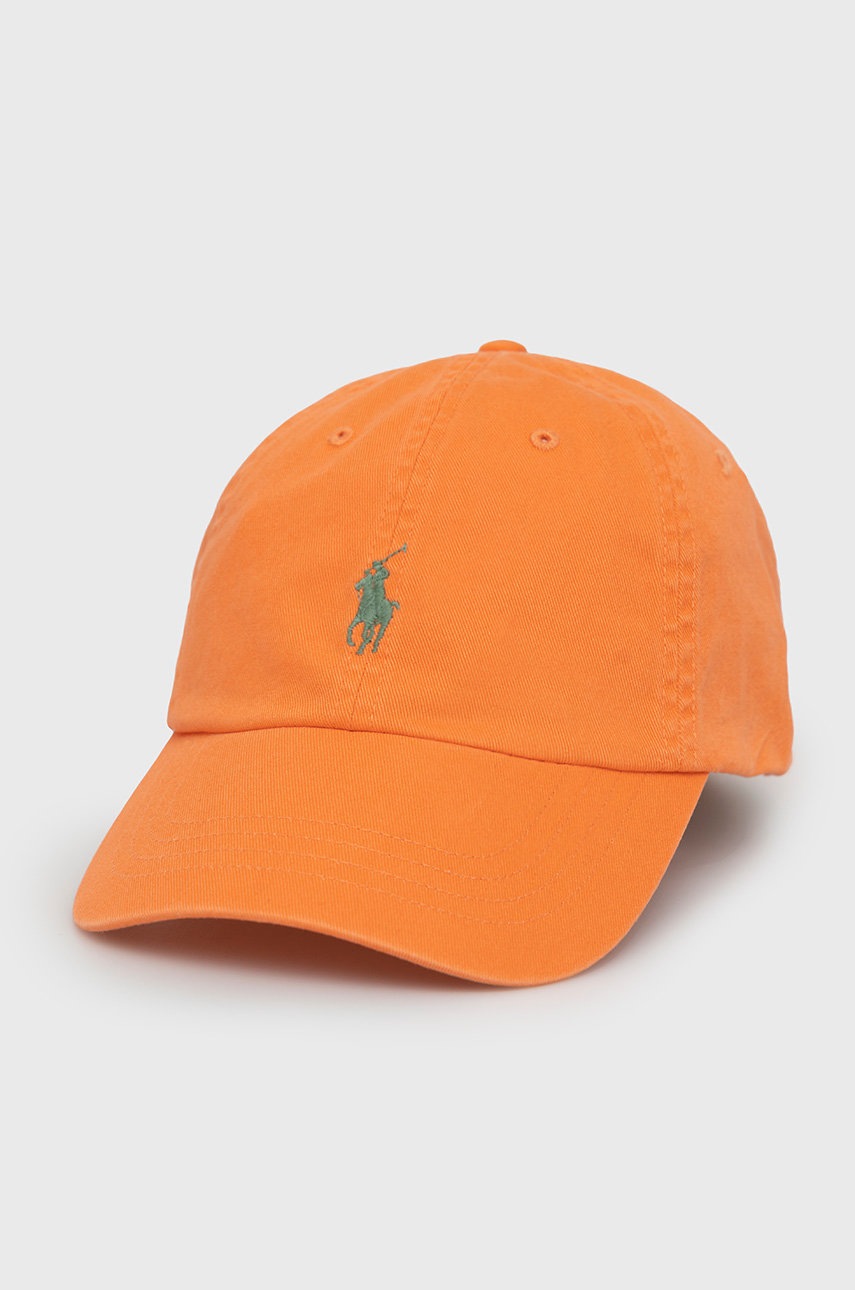 

Памучна шапка Polo Ralph Lauren в оранжево с изчистен дизайн, Оранжев