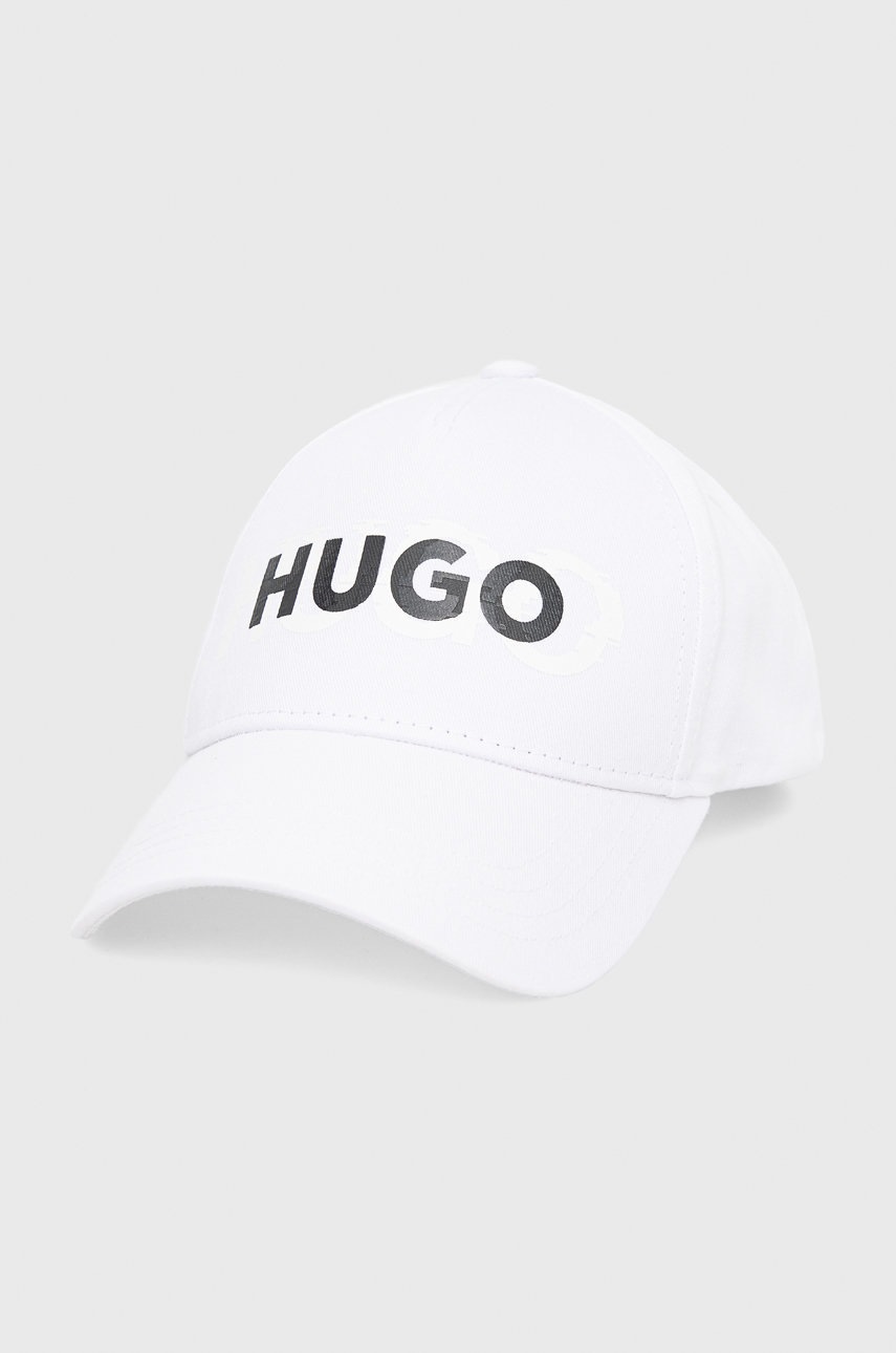 HUGO caciula din bumbac culoarea alb, cu imprimeu HUGO caciula din bumbac culoarea alb, cu imprimeu answear.ro