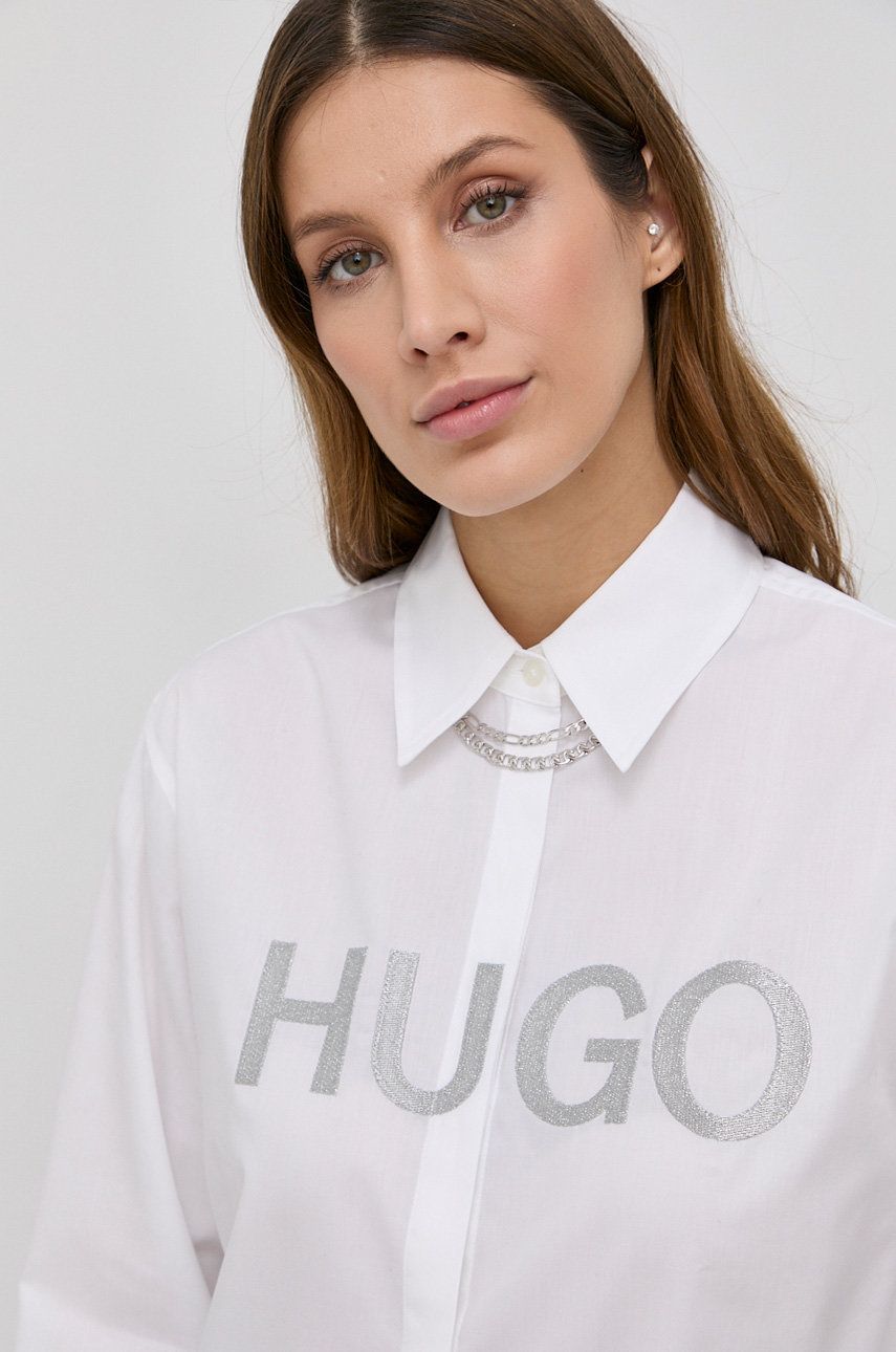 Hugo camasa din bumbac femei, culoarea alb, cu guler clasic, relaxed answear.ro
