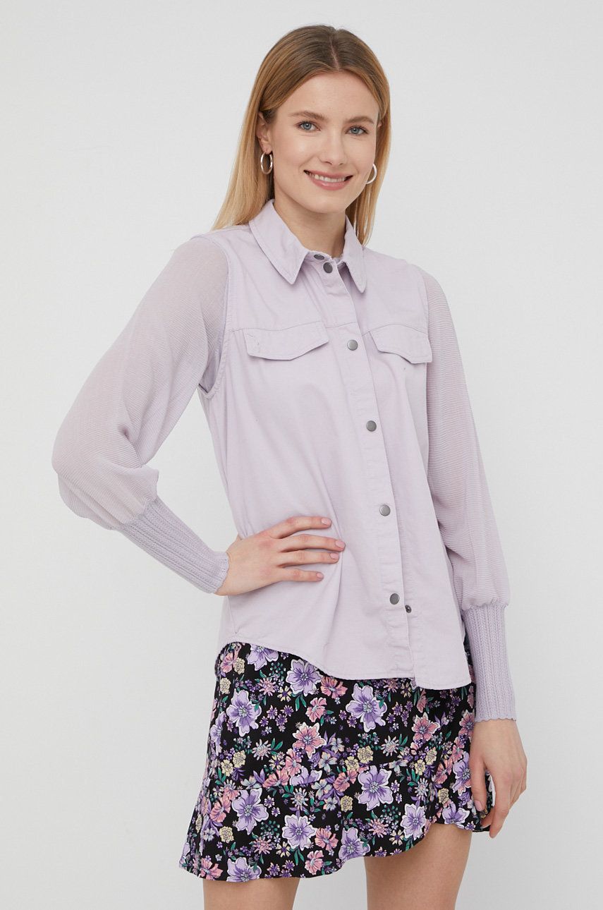 JDY camasa din bumbac femei, culoarea violet, cu guler clasic, regular answear imagine noua