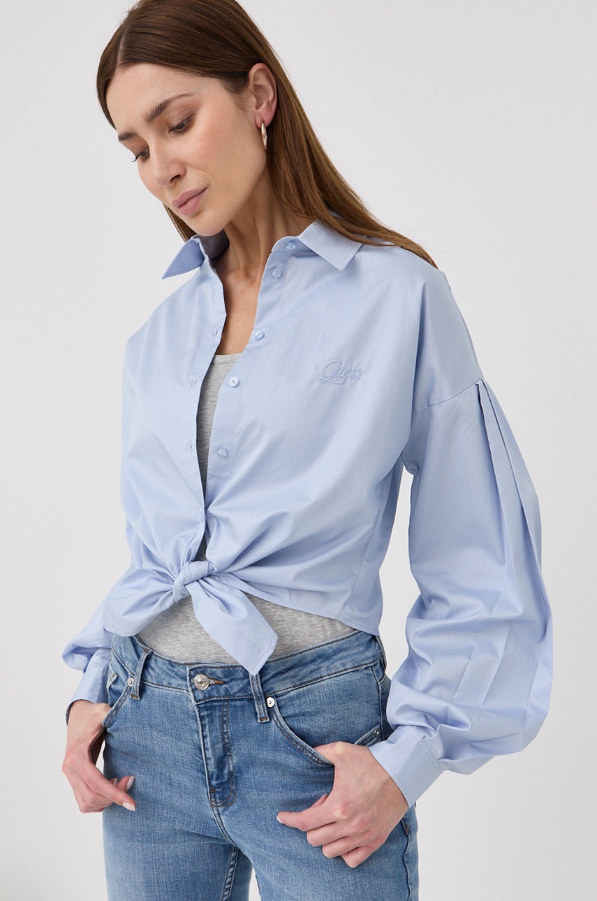 

Памучна риза Guess дамска със свободна кройка с класическа яка, Син