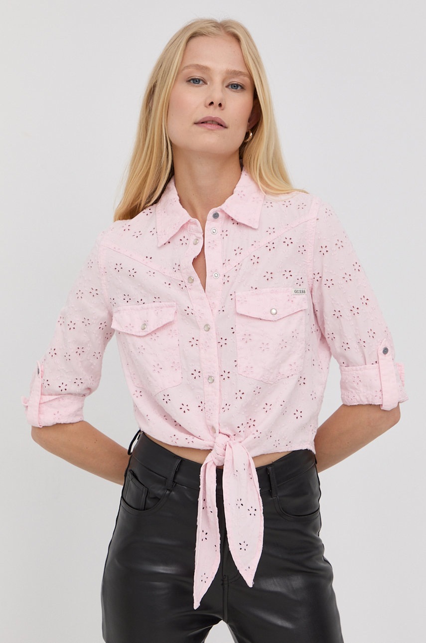 

Риза Guess дамска в розово със стандартна кройка с класическа яка, Розов