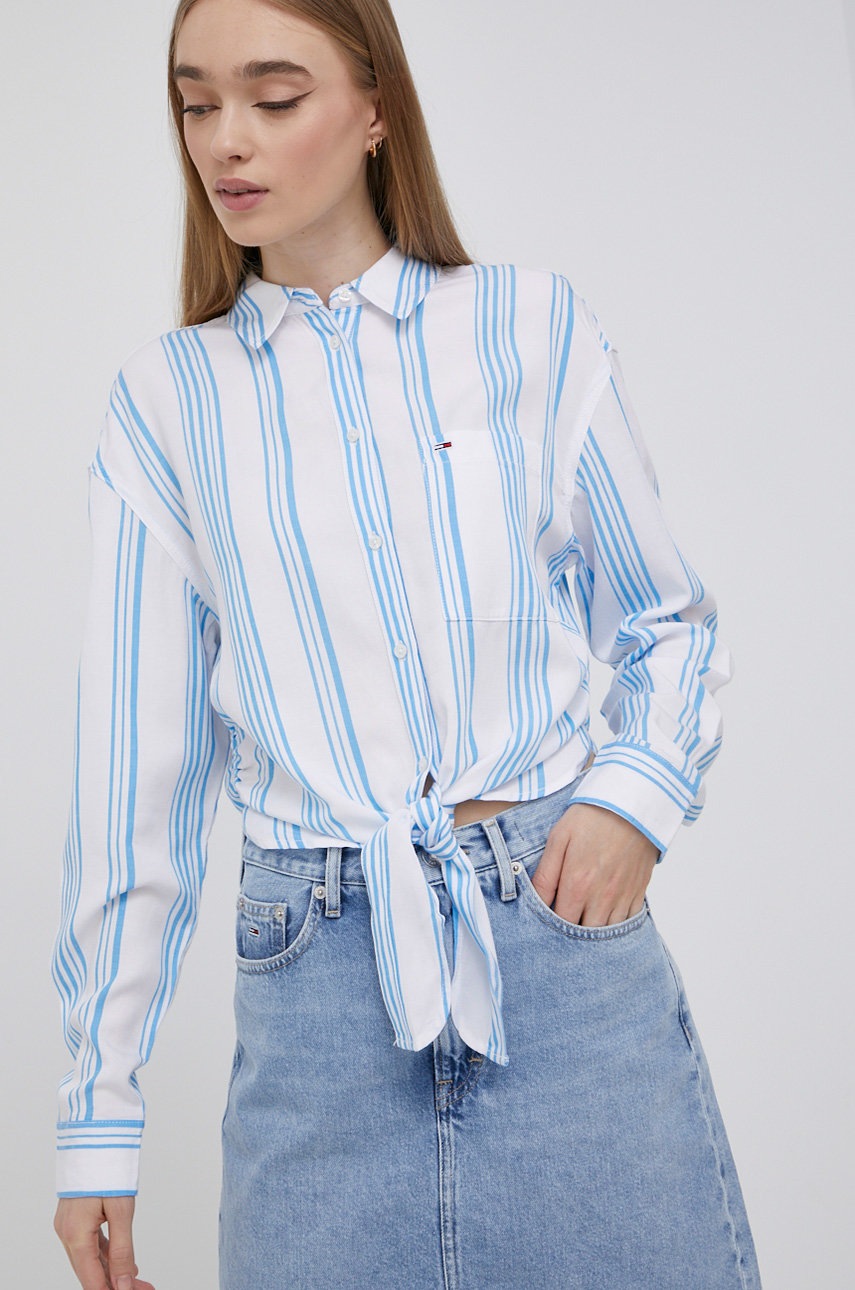 

Риза с лен Tommy Jeans дамска със стандартна кройка с класическа яка, Син