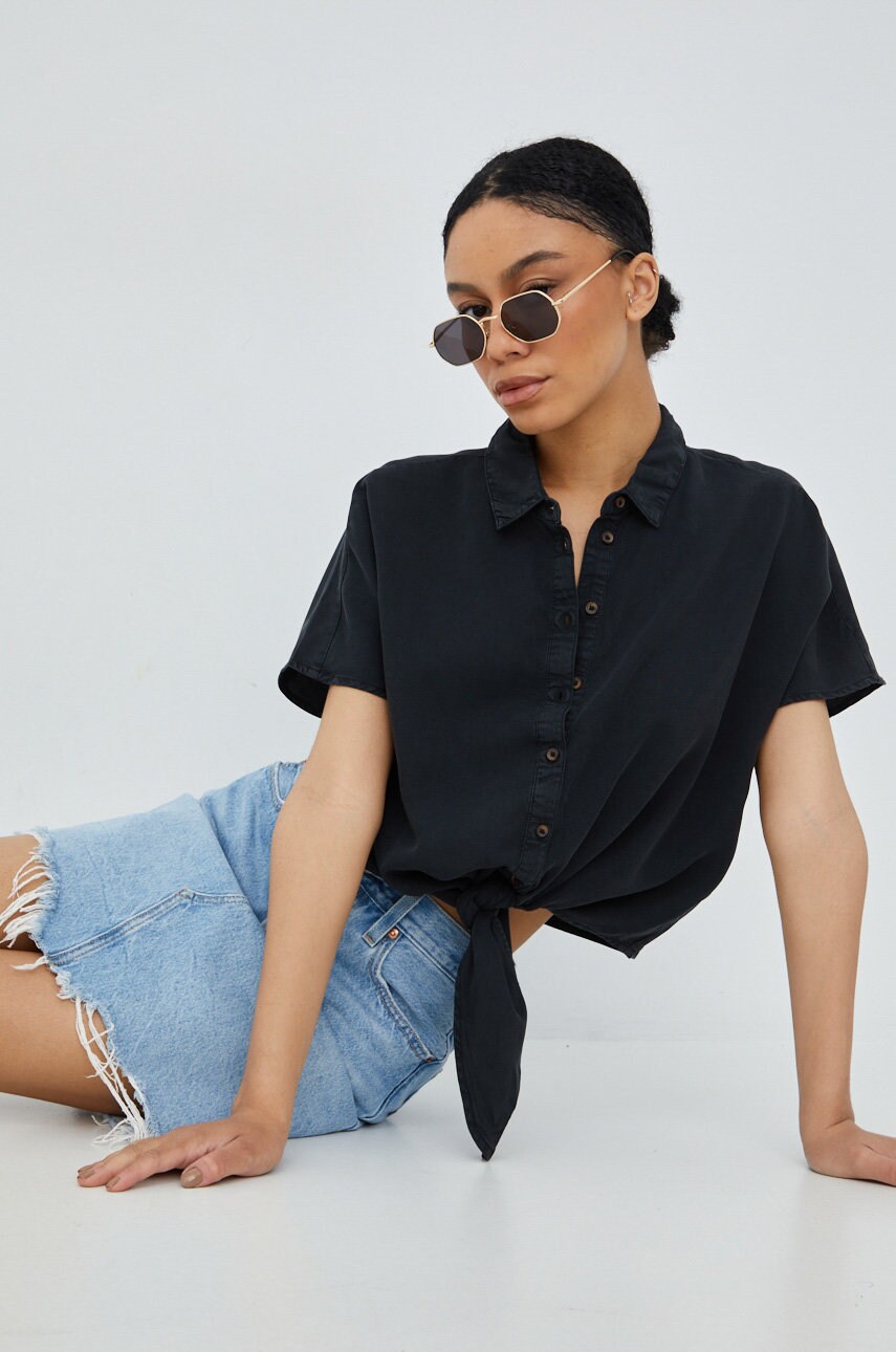 Noisy may camasa femei, culoarea negru, cu guler clasic, relaxed
