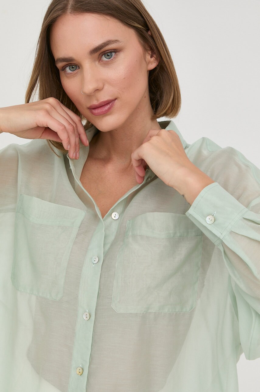 Marella camasa din amestec de matase femei, culoarea verde, cu guler clasic, relaxed
