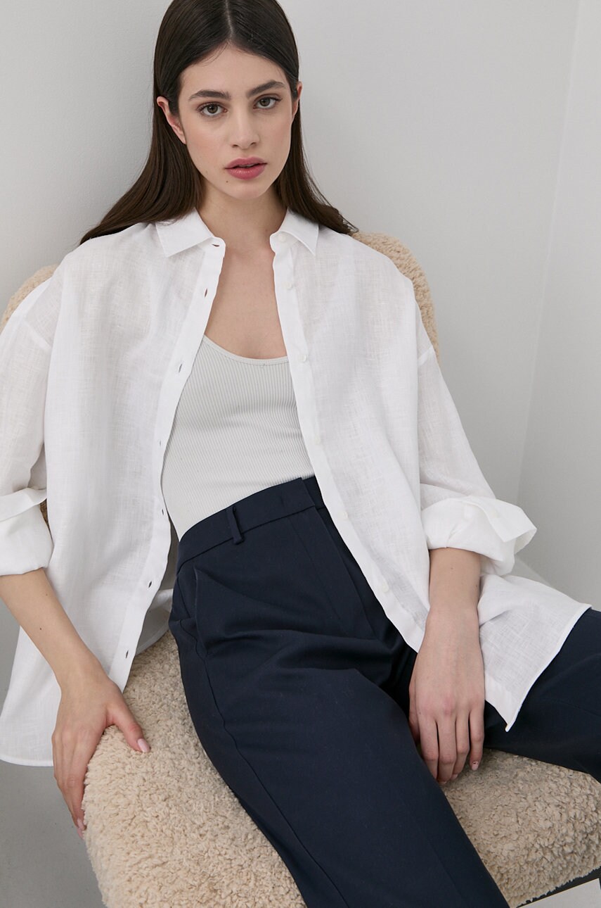 Trussardi camasa de in femei, culoarea alb, cu guler clasic, relaxed