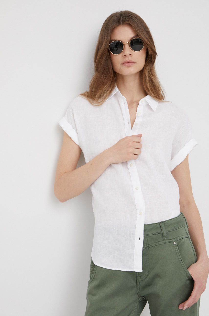 Levně Plátěná košile Lauren Ralph Lauren dámská, bílá barva, regular, s klasickým límcem