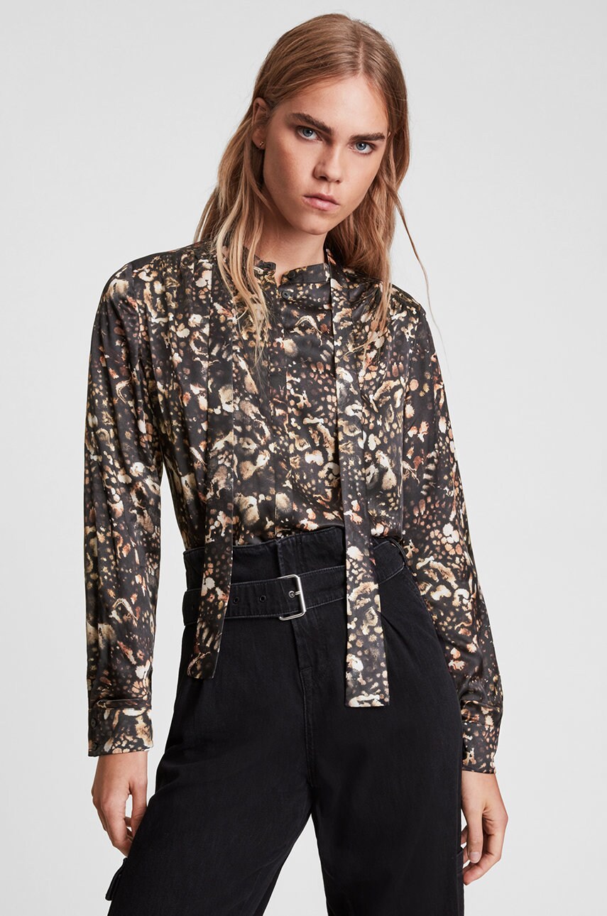 

Сорочка AllSaints жіноча колір чорний regular в'язане декольте