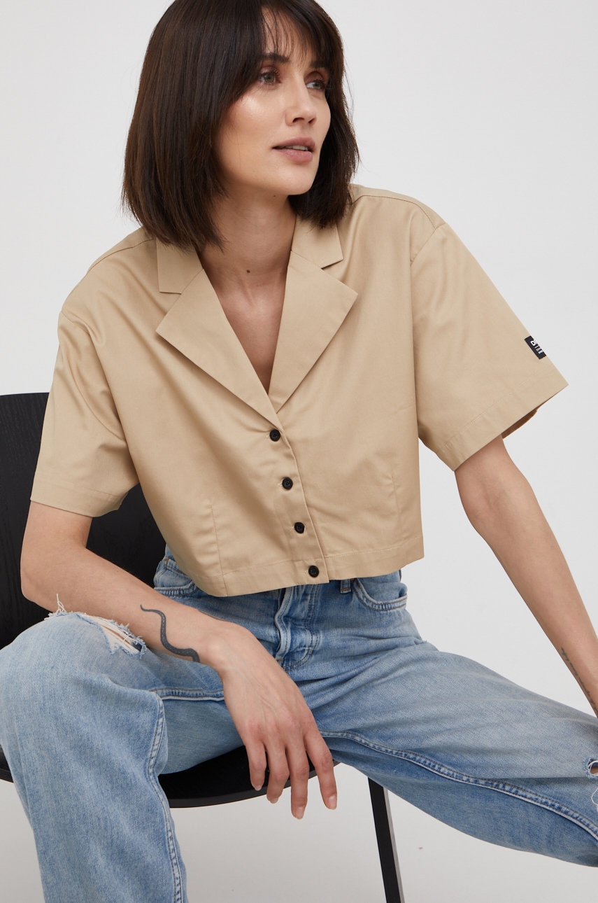 Dr. denim camasa din bumbac femei, culoarea bej, cu guler clasic, relaxed