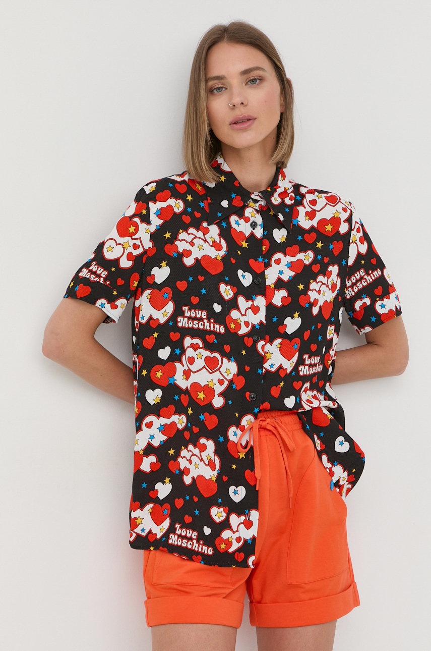

Риза Love Moschino дамска в черно със стандартна кройка с класическа яка, Черен