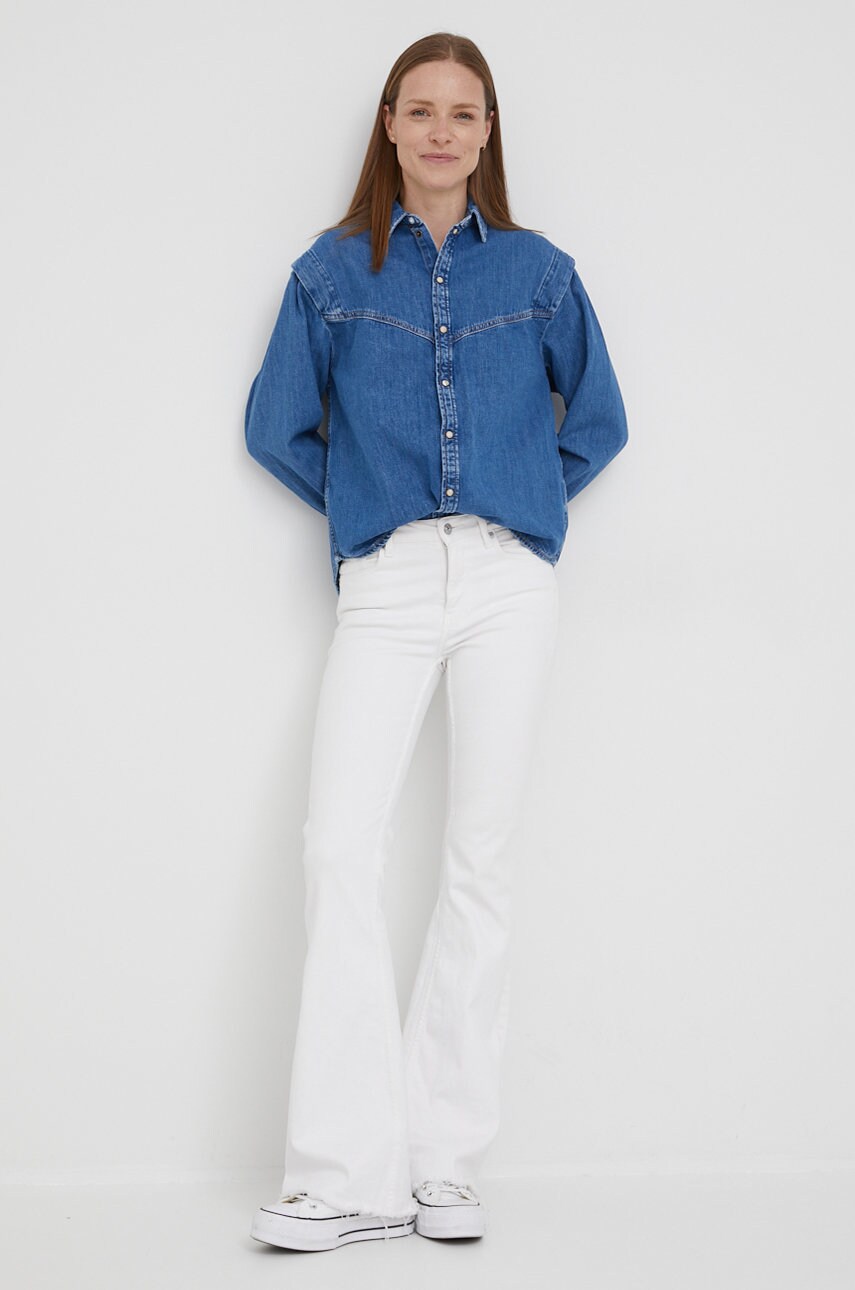Pepe jeans camasa jeans eve femei, culoarea albastru marin, cu guler clasic, regular