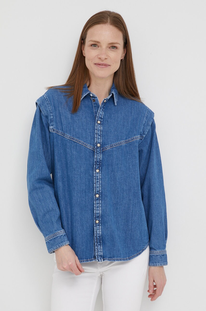

Джинсовая рубашка Pepe Jeans Eve женская цвет синий regular классический воротник
