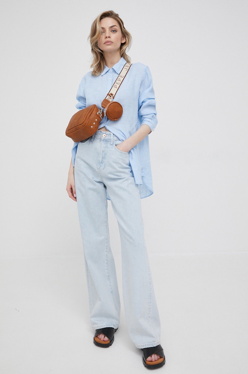 

Ленена риза Pepe Jeans Ingrid дамска със стандартна кройка с класическа яка, Син