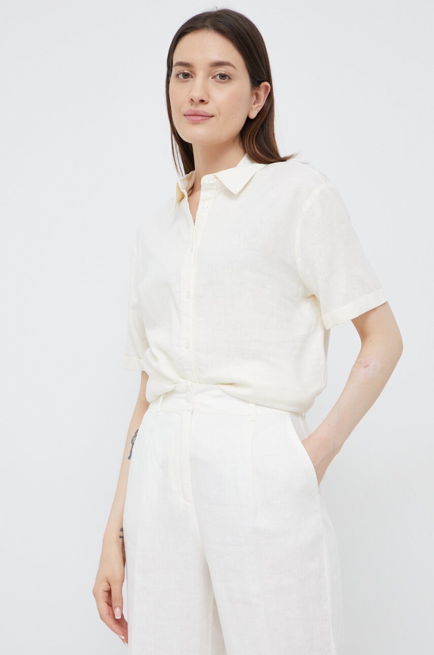 Sisley camasa de in femei, culoarea bej, cu guler clasic, relaxed